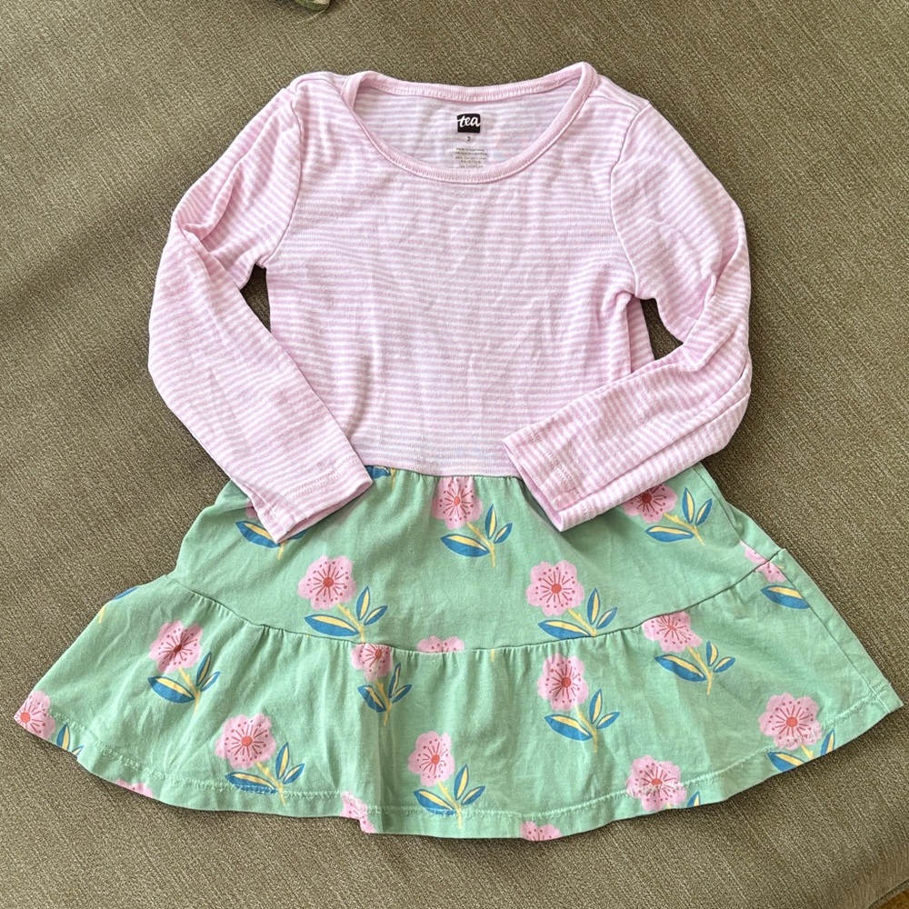 Tea Collection Pink and Green Floral Twirl Dress